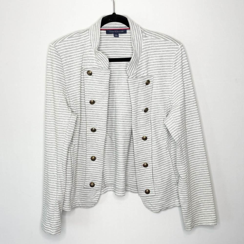 Tommy Hilfiger Womens XL Gray White Striped Military Band Jacket Crest Buttons - Picture 9 of 9